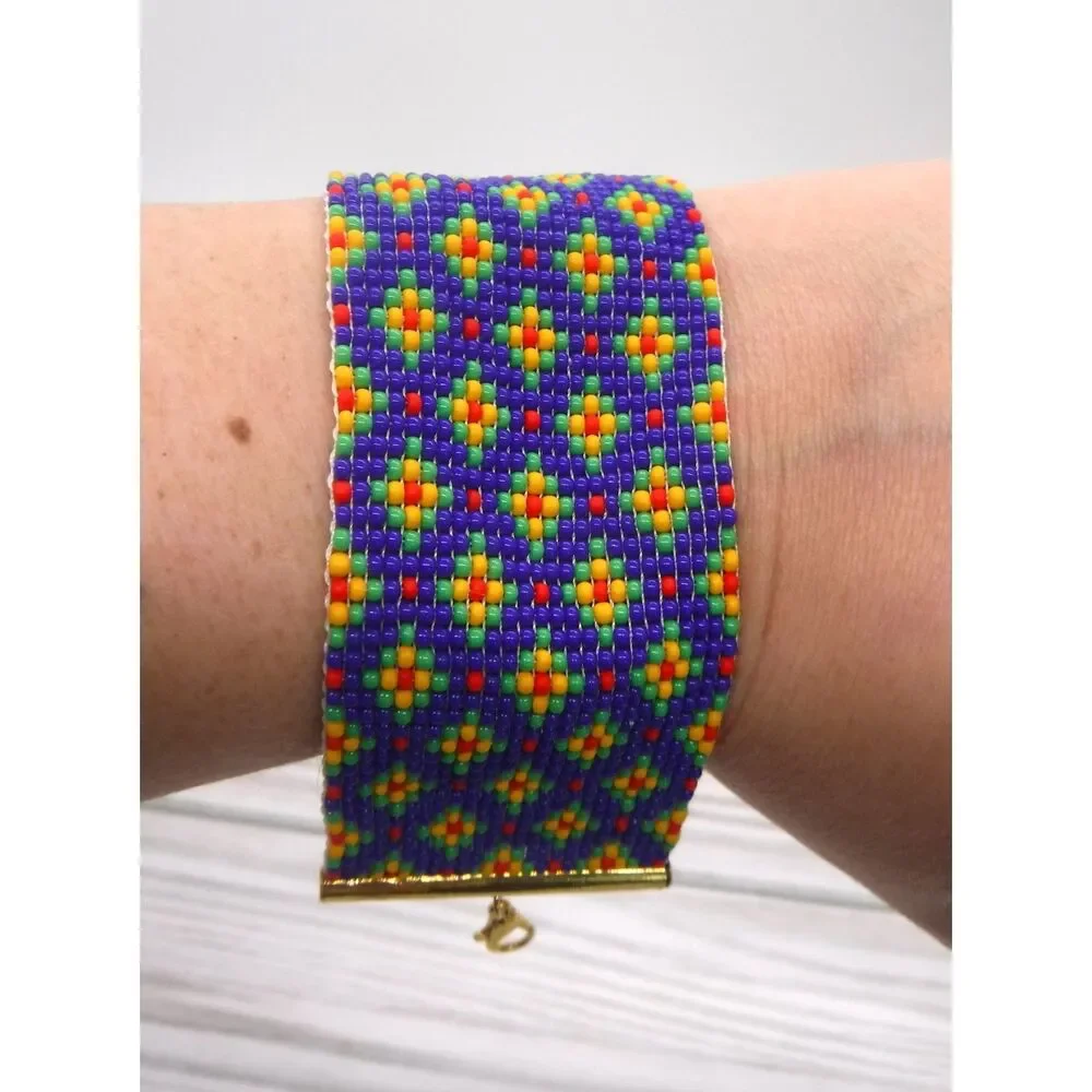 Loom Beaded Bracelet Blue, Green, Yellow & Red Print